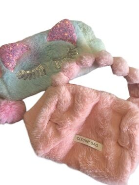 Set of 2. Plush Baby Pink and Cat Inspired Cosmetic Bags.